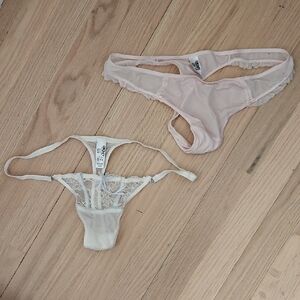 Elegant Lace and Mesh Thong Set - Pink and White